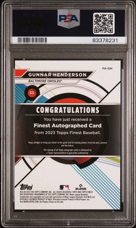 2023 Topps Finest Gunnar Henderson Green Refractor Rookie RC Autograph /99 PSA 9 view 2