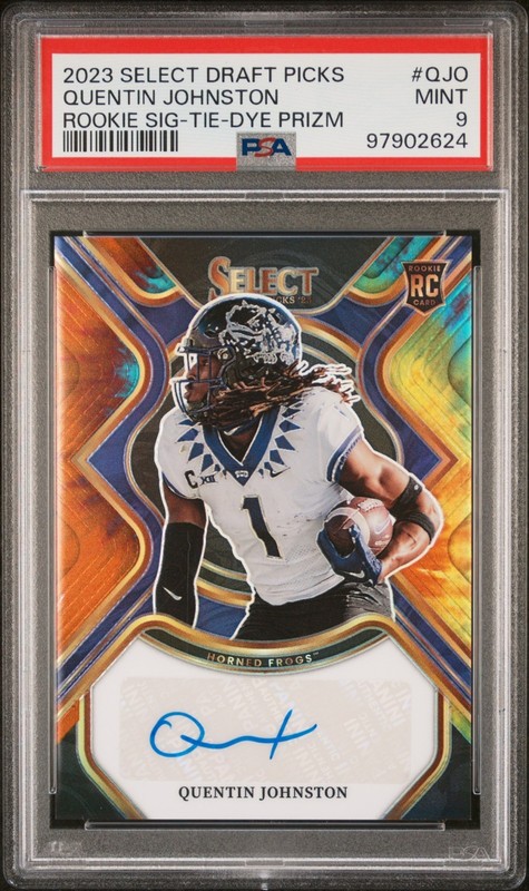 2023 Quentin Johnston Rookie Signatures Tye Dye /25 Auto PSA 9 TCU Horned Frogs