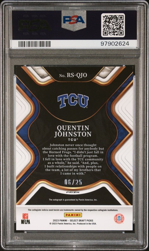 2023 Quentin Johnston Rookie Signatures Tye Dye /25 Auto PSA 9 TCU Horned Frogs view 2