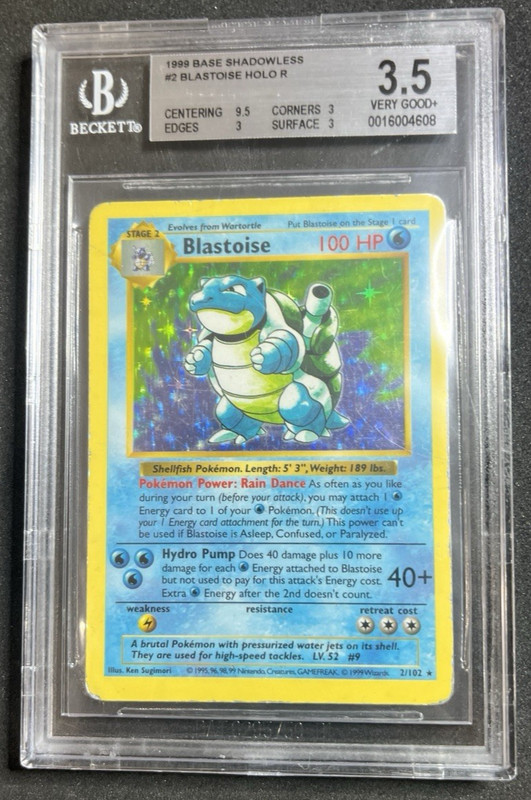 BGS 3.5 Blastoise 2/102 Base Set Shadowless Holo Rare Pokemon 1999