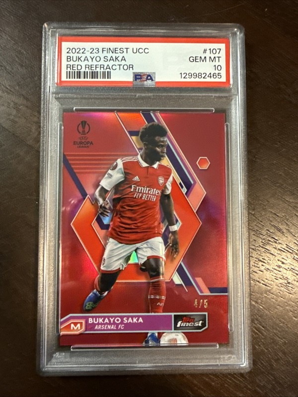 2022-23 Topps Finest UCC Bukayo Saka True Red Refractor Color Match /5 PSA 10