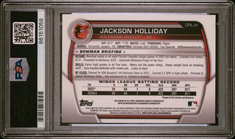 2023 Bowman Jackson Holliday Chrome Prospect Auto PSA 9 Baltimore Orioles view 2
