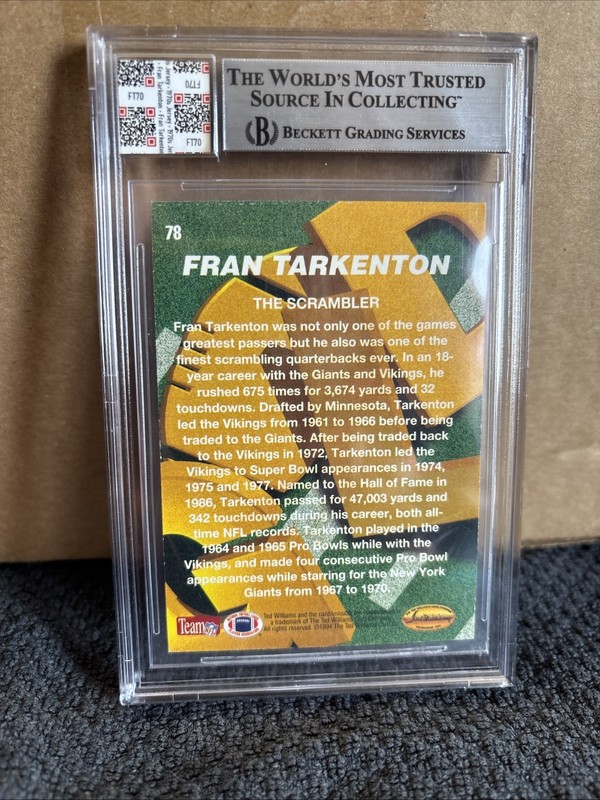 Jersey Fusion Legendary Fran Tarkenton Game Used Patch & Auto Graded 10 Vikings view 2