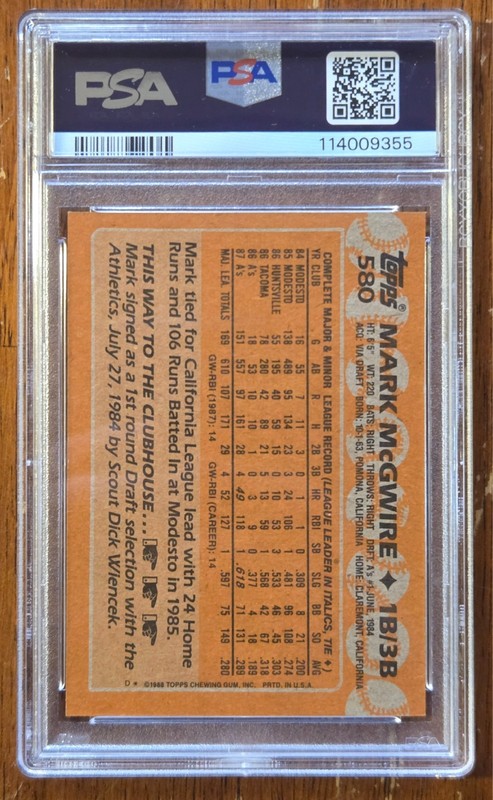 1988 Topps #580 Mark McGwire PSA 10 Low Pop view 2