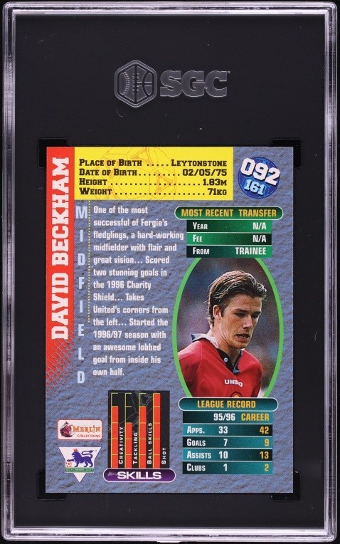 Looks Perfect! David Beckham 1996-97 Merlin Premier Gold #92 Rookie SGC 9 b2 view 2