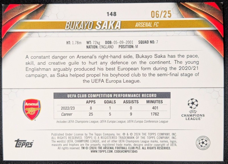 2023-24 Topps Jade Arsenal Bukayo Saka #148 Orange Refractor 20/25 view 2