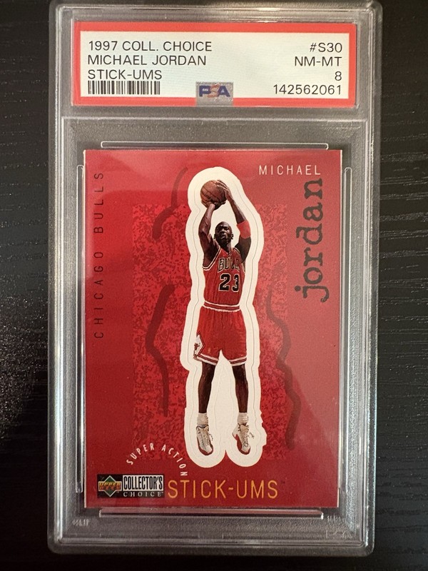 1997 COLLECTOR'S CHOICE STICK-UMS #S30 MICHAEL JORDAN HOF PSA 8
