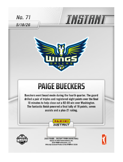 Paige Bueckers - 2026 Panini Instant WNBA #71 Dallas Wings PRESALE view 2