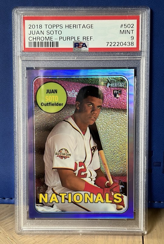 Juan Soto 2018 Topps Heritage Chrome #502 Purple Refractor Rookie RC PSA Mint 9