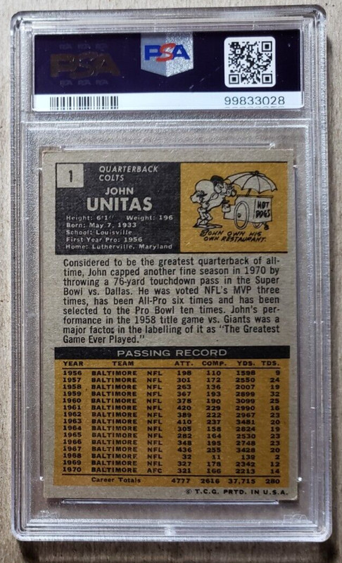 1971 Topps Johnny Unitas PSA 4 Baltimore Colts #1 view 2