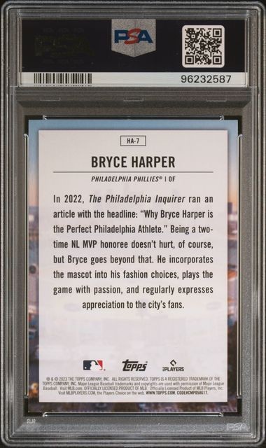 2023 Topps Series 1 Bryce Harper #HA-7 Home Field Advantage PSA 9 view 2