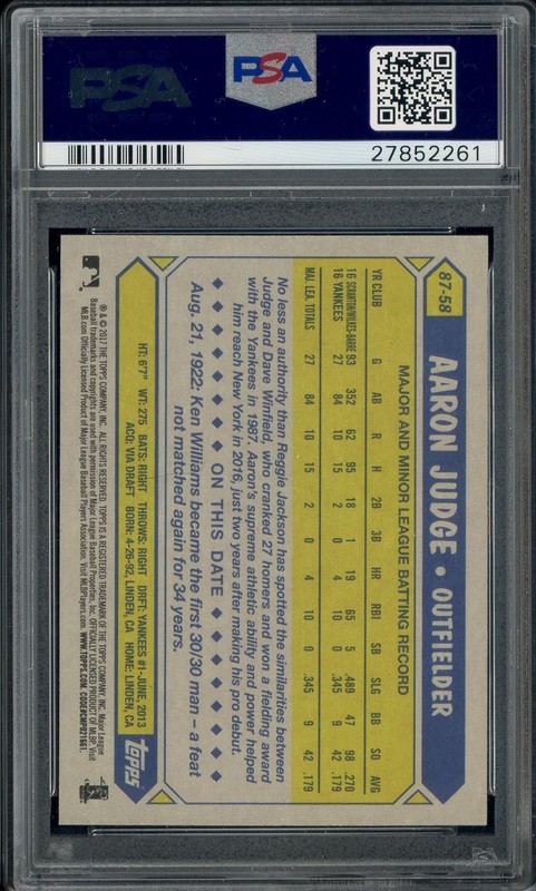 2017 Topps #87-58 Aaron Judge 1987 Topps RC Rookie Yankees PSA 10 GEM MINT view 2