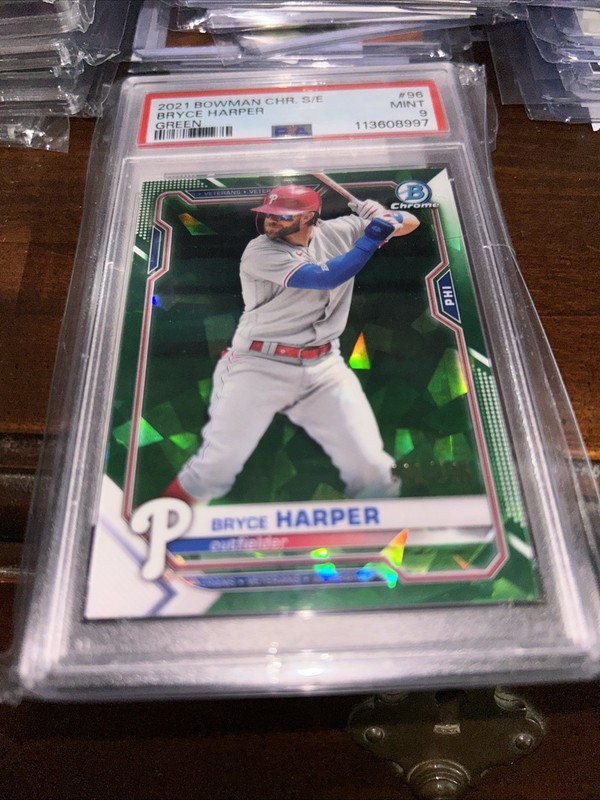 2021 Bowman Chrome Sapphire Edition Green Refractor /125 Bryce Harper PSA 9 MINT view 2