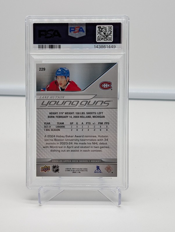 2024-25 Upper Deck Series 1 #229 Lane Hutson Young Guns PSA 9 MINT Rookie RC view 2