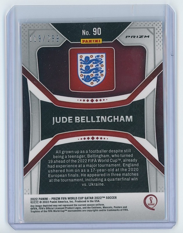 2022 PANINI PRIZM WORLD CUP QATAR BLUE #90 JUDE BELLINGHAM /299 ENGLAND 3 LIONS view 2