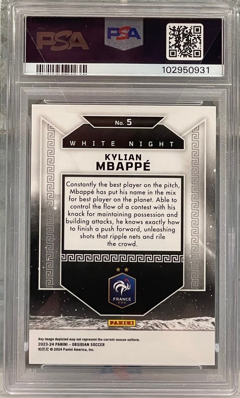 2023-24 Panini Obsidian Kylian Mbappe #5 White Night SSP France PSA 10 view 2