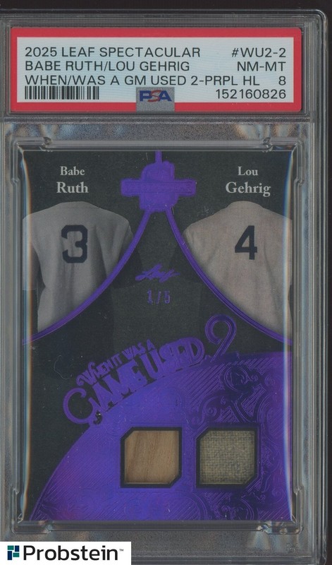 2025 Leaf Spectacular Purple Babe Ruth Lou Gehrig HOF Dual GU Relic 1/5 PSA 8