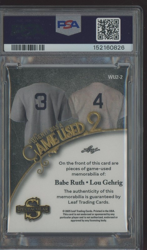 2025 Leaf Spectacular Purple Babe Ruth Lou Gehrig HOF Dual GU Relic 1/5 PSA 8 view 2