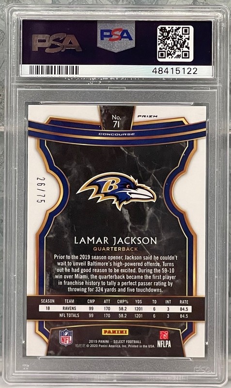 2019 Lamar Jackson Panini Select Purple Prizm #71 PSA 10 #/75 view 2