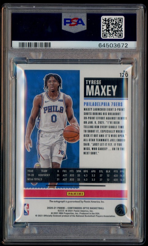 2020 Contenders Optic Holo Tyrese Maxey RC Rookie PSA 10 PSA/DNA AUTO 10 view 2