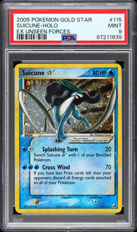 2005 POKEMON GOLD STAR SUICUNE-HOLO EX UNSEEN FORCES #115 PSA 9 *SWIRL*