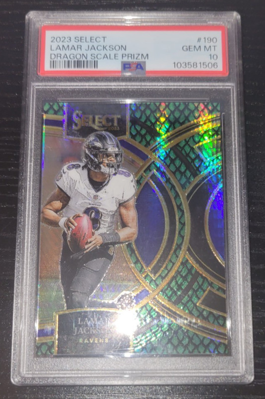 2023 Select Football -Premier -Dragon Scale Prizm- Lamar Jackson 52/70 PSA 10 view 2