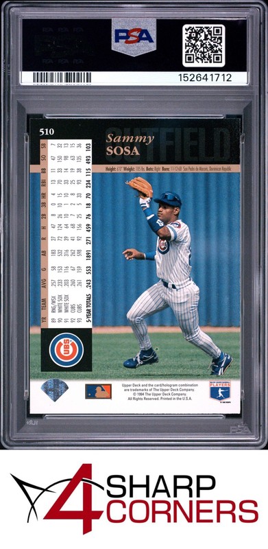 1994 UPPER DECK #510 SAMMY SOSA CUBS POP 6 PSA 10 view 2