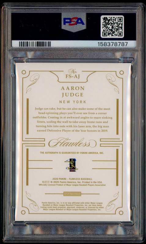 2020 Panini Flawless Signatures Gold Aaron Judge ON CARD AUTO 4/10 PSA 8 NM-MT view 2