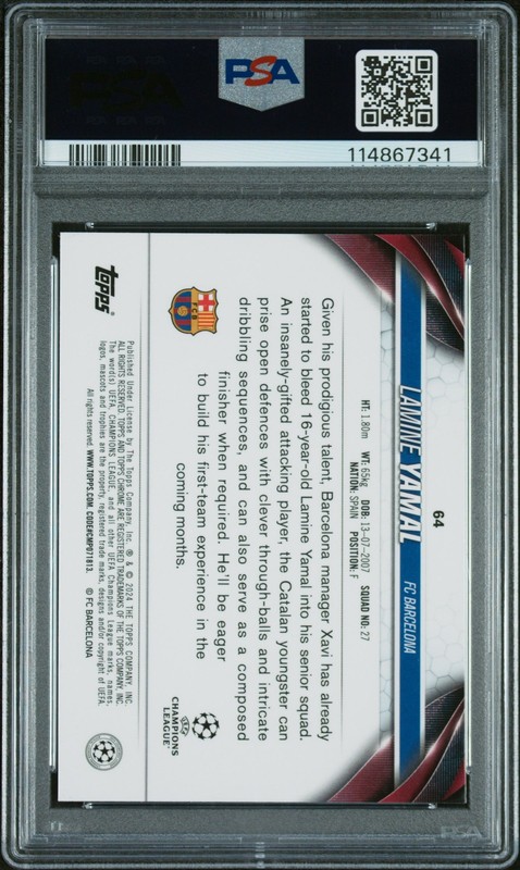 Lamine Yamal 2023-24 Topps Chrome Uefa Rookie FC Barcelona PSA 10 view 2