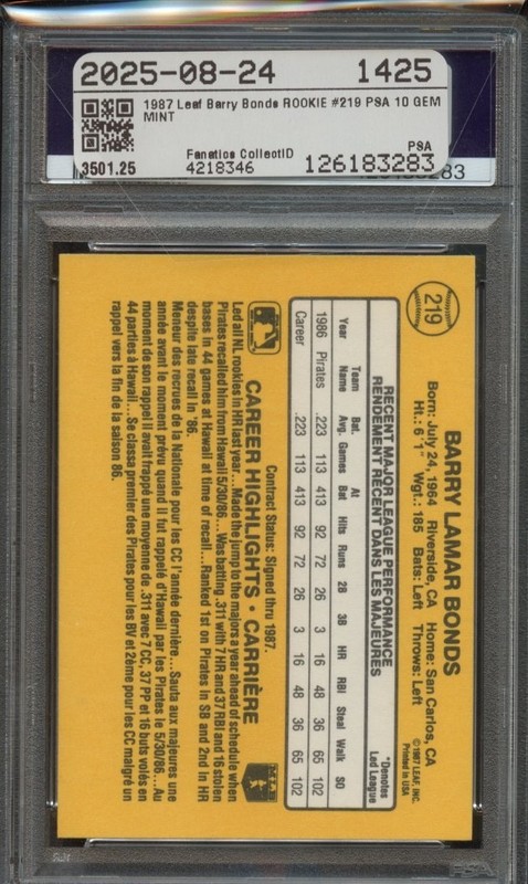 1987 Leaf Barry Bonds RC #219 - PSA 10 GEM MT view 2