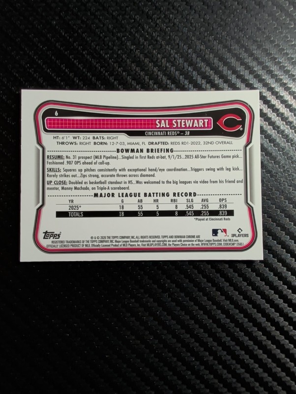 Sal Stewart 2026 Bowman Chrome #6 Mojo Refractor RC Cincinnati Reds Rookie  view 2