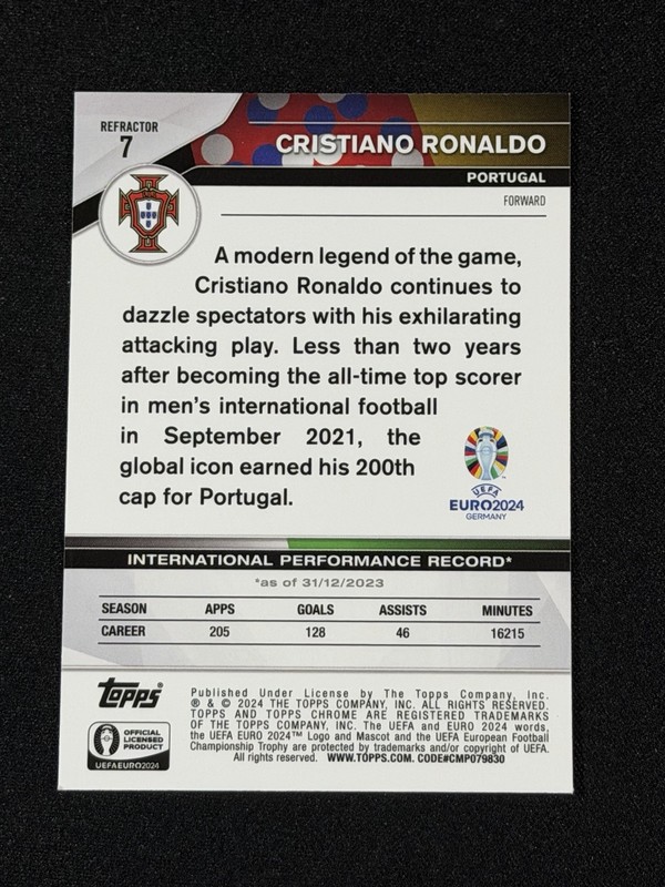 2024 CRISTIANO RONALDO TOPPS CHROME #7UEFA EURO 2024 REFRACTOR SP Portugal view 2