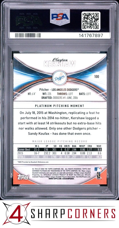 2016 BOWMAN PLATINUM #100 CLAYTON KERSHAW DODGERS PSA 10 view 2