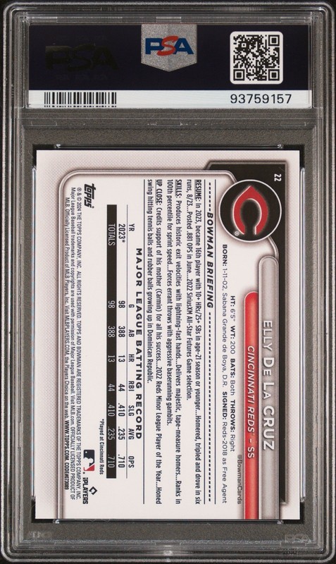 2024 Bowman Elly De La Cruz Purple Pattern /199 #22 PSA 10 Rookie RC Reds view 2