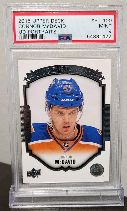 2015 Upper Deck Connor McDavid Portraits Rookie Card #P-100 PSA 9 Oilers RC view 2