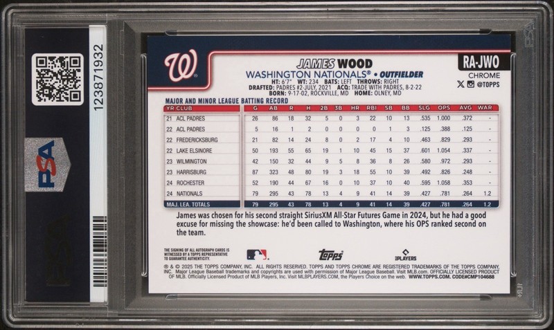 2025 Topps Chrome James Wood Gold Wave RC Auto #RAJWO PSA 9 /50 view 2