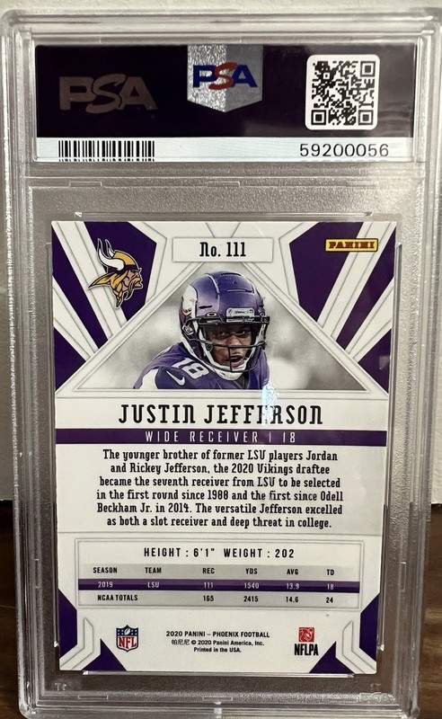 2020 Panini Phoenix - Rookies Justin Jefferson #111 Fire Burst (RC) - PSA 10 view 2