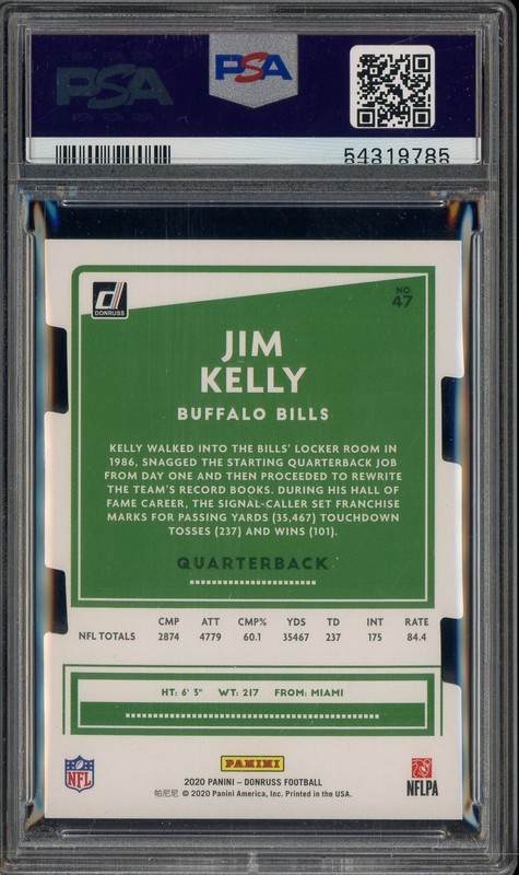 2020 Donruss Black Press Proof Die-Cut #47 Jim Kelly HOF 1/1 PSA 10 GEM MINT view 2