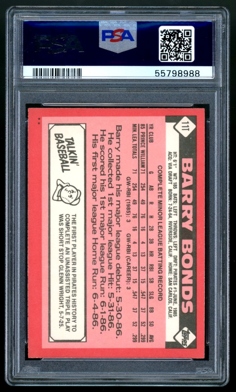 1986 Topps Traded Baseball Barry Bonds #11T Pirates Rookie RC PSA 9 MINT view 2