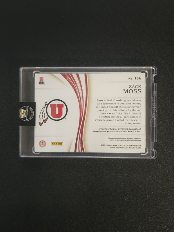 Panini 2020 Immaculate Collegiate Zack Moss Utah Utes Auto Patch 3/5 view 2