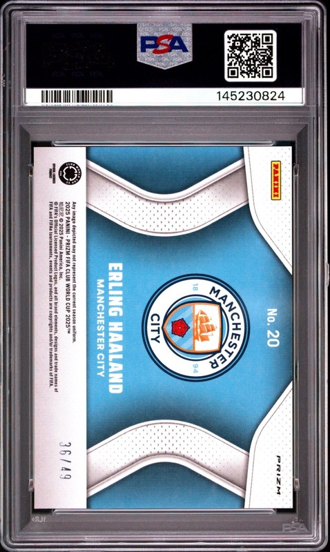 2025 Prizm FIFA Club World Cup Erling Haaland Purple Pandora /49 PSA 10 view 2