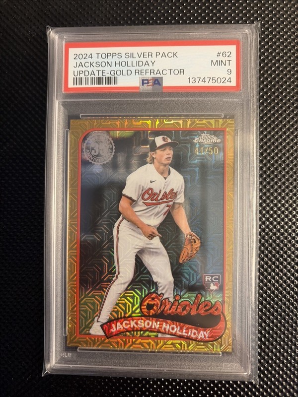 2024 Topps Jackson Holliday 1989 Chrome Silver Pack RC Gold Refractor #/50 PSA 9 view 1