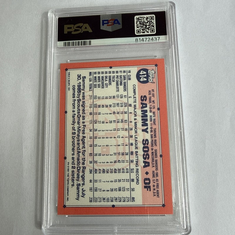 1991 Topps TIFFANY #414 Sammy Sosa 🔥PSA 10 🔥 POP 124 👀 Chicago White Sox ⚾️ view 2