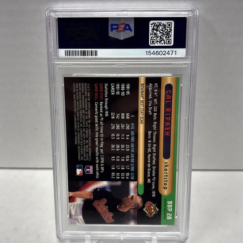 1996 BOWMAN'S BEST CAL RIPKEN JR #BBP28 GOLD ATOMIC REFRACTOR SSP - PSA 10 view 2