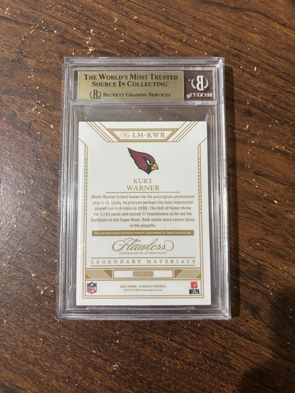 2023 Flawless Football Kurt Warner Dual Nike Swoosh Tag Platinum 1/1 BGS 9.5 HOF view 2