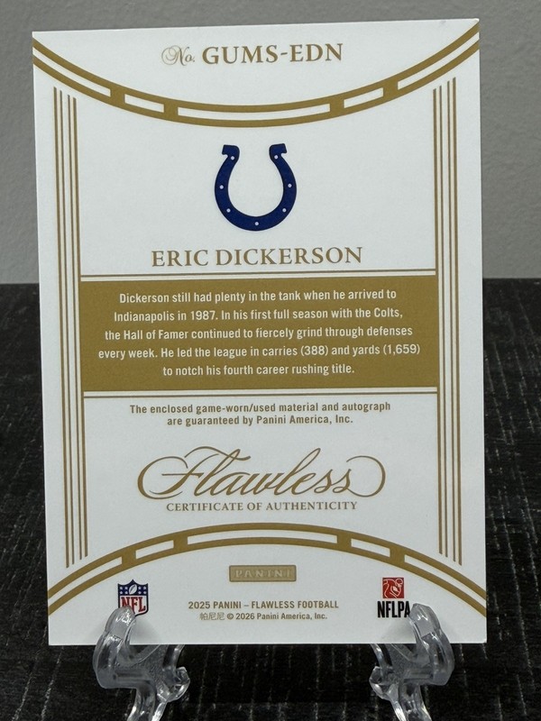 2025 Panini Flawless Eric Dickerson Game-Used Patch Auto /25 Colts view 2