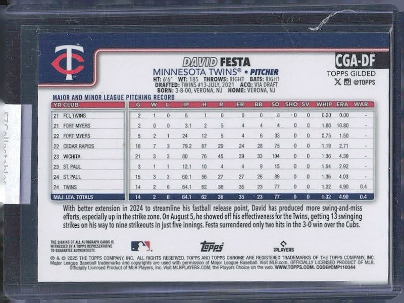 2025 Topps Chrome Gilded Collection - David Festa #CGA-DF Gold Auto /75 (RC) (Z) view 2
