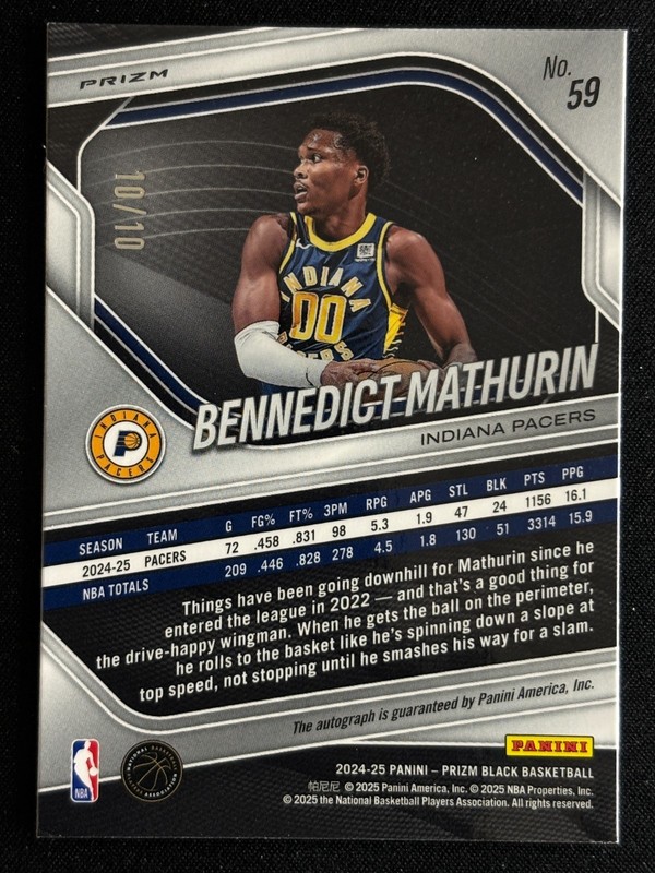 2024-25 Panini Prizm Black Bennedict Mathurin Gold Shimmer Auto 10 /10 view 2