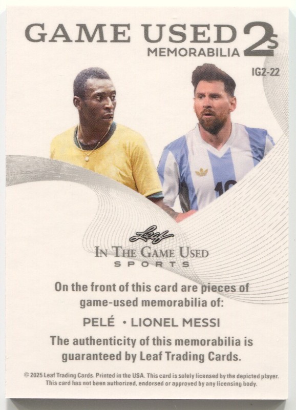 2025 Leaf In The Game Used Pele Lionel Messi Dual Jersey #/45 view 2