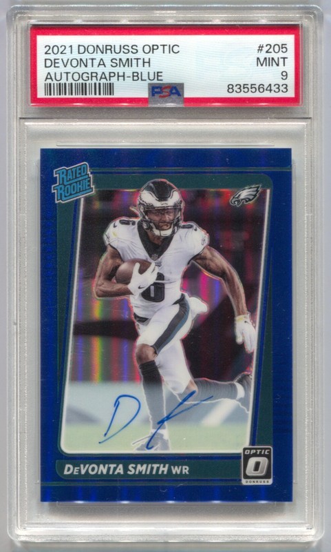 2021 Donruss Optic DeVonta Smith Rated Rookie Autograph Blue Auto #/99 PSA 9
